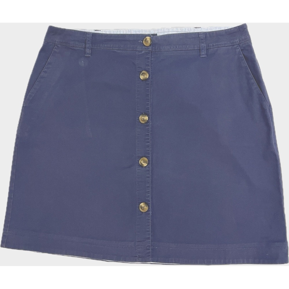 Lands' End Women's size 14P Navy Button Front Skirt Twill Cotton Slash Pockets